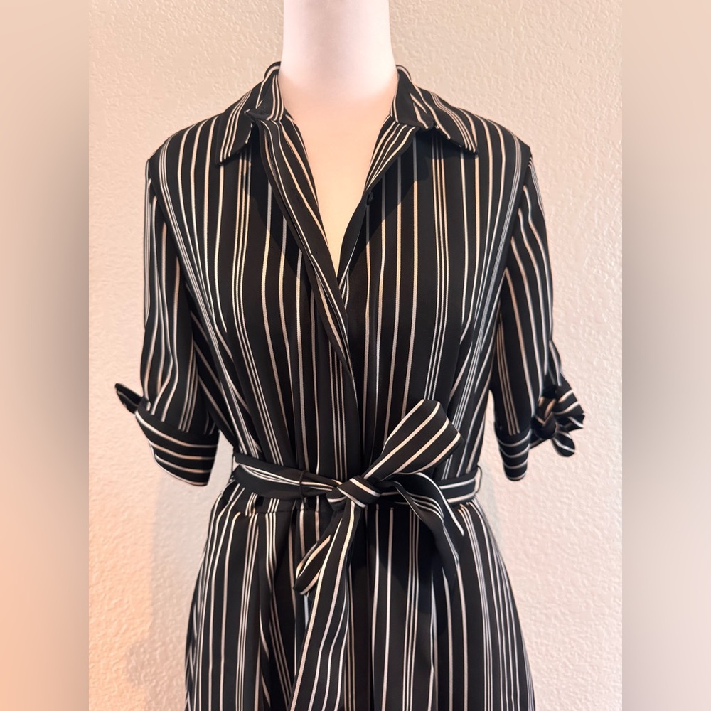 Calvin Klein Striped Black/Silver Midi Button Down Shirt Dress - Size 4 - Picture 3 of 16